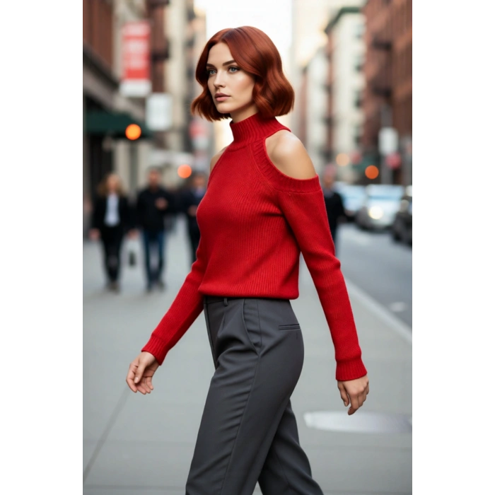 Kadınlara Özel Simli Selanik Dokuma Dik Yaka Omuz Dekolteli Triko Kazak Kış Kombinleri İçin