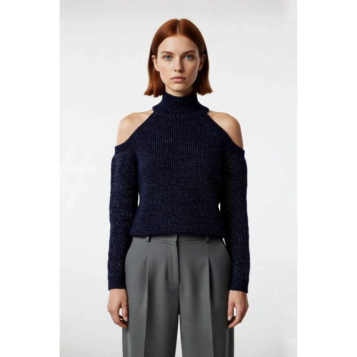 Kadınlara Özel Simli Selanik Dokuma Dik Yaka Omuz Dekolteli Triko Kazak Kış Kombinleri İçin