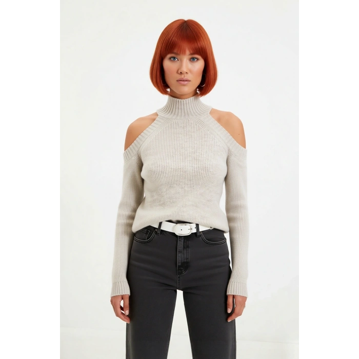 Kadınlara Özel Simli Selanik Dokuma Dik Yaka Omuz Dekolteli Triko Kazak Kış Kombinleri İçin