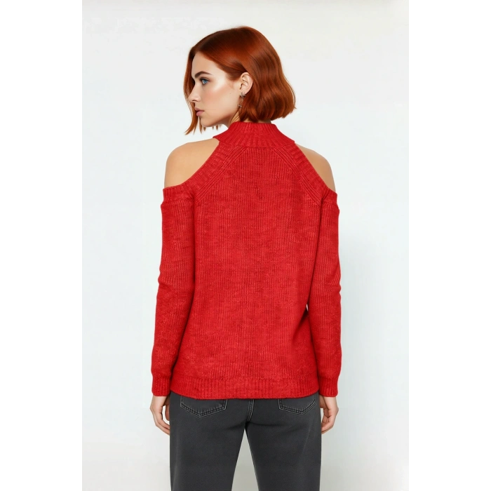 Kadınlara Özel Simli Selanik Dokuma Dik Yaka Omuz Dekolteli Triko Kazak Kış Kombinleri İçin