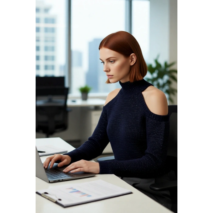 Kadınlara Özel Simli Selanik Dokuma Dik Yaka Omuz Dekolteli Triko Kazak Kış Kombinleri İçin