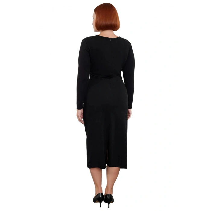 Kadınlara Özel Siyah Düz Desen Örme Krep Dokuma Bisiklet Yaka Rahat Büyük Beden Elbise Kaliteli