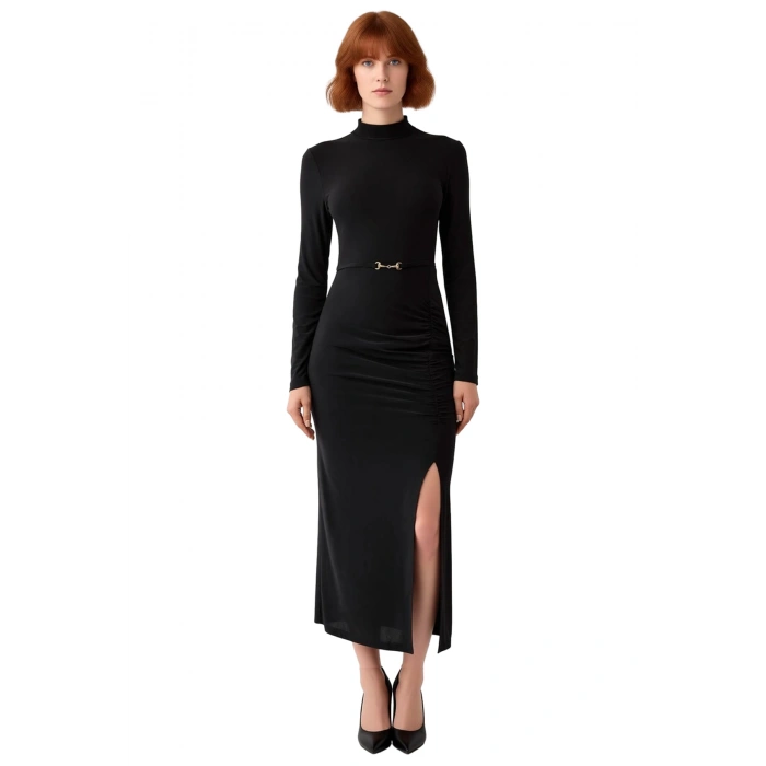 Kadınlara Özel Siyah Örme Bodycon Maxi Elbise Standart Kol Dik Yaka Detaylı Kış Kombinleri İçin