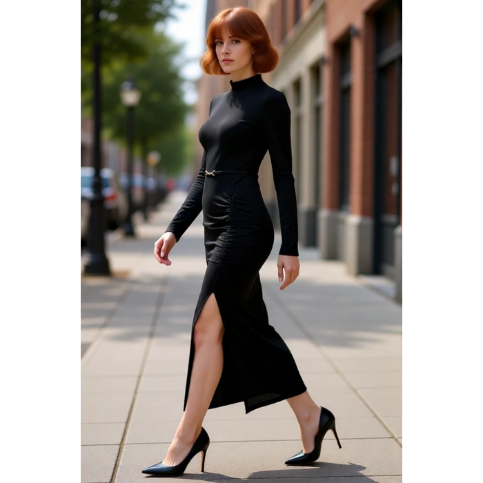 Kadınlara Özel Siyah Örme Bodycon Maxi Elbise Standart Kol Dik Yaka Detaylı Kış Kombinleri İçin