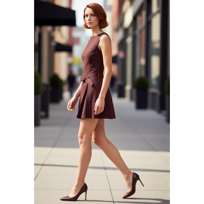 Kadınlara Özel Skater Kalıp Kayık Yaka Kolsuz Düz Dokuma Mini Elbise Kemeri Pileli Kış İçin İdeal