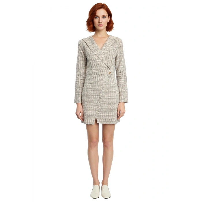 Kadınlara Özel Tüvit Dokulu Ekose Desenli Ceket Yaka Uzun Kollu %100 Pamuk Kısa Elbise Kışlık