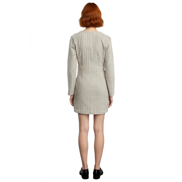 Kadınlara Özel Tüvit Dokulu Ekose Desenli Ceket Yaka Uzun Kollu %100 Pamuk Kısa Elbise Kışlık