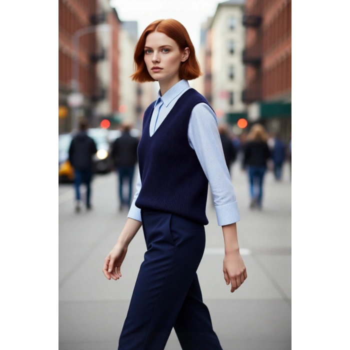 Kadınlara Özel V Yaka Relaxed Kesim Uzun Kollu Çizgili Gömlek Görünümlü Triko Kazak Sonbahar