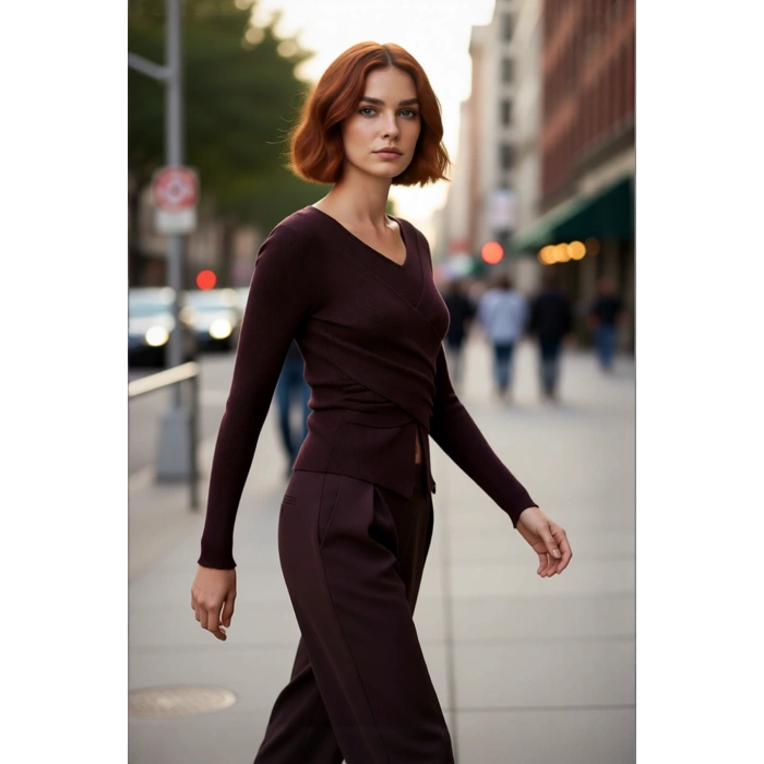 Kadınlara Özel Vücudu Saran Fitted Kesim Drape Örgü Triko Kazak İlkbahar Sonbahar Kombinleriniz