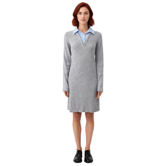 Kadınlara Özel Vücudu Saran Triko Mini Elbise Gömlek Yaka Tasarımı ile İş Şıklığı Sunuyor Kaliteli