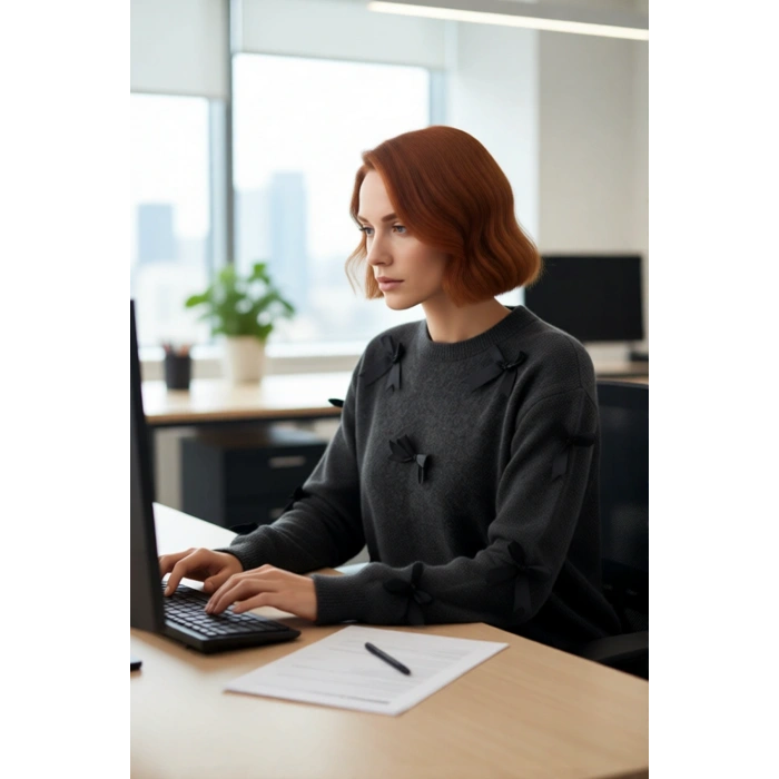 Kadınlara Yönelik Konforlu Regular Kalıp Bisiklet Yaka Triko Kurdele Fiyonklu Uzun Kollu Kazak