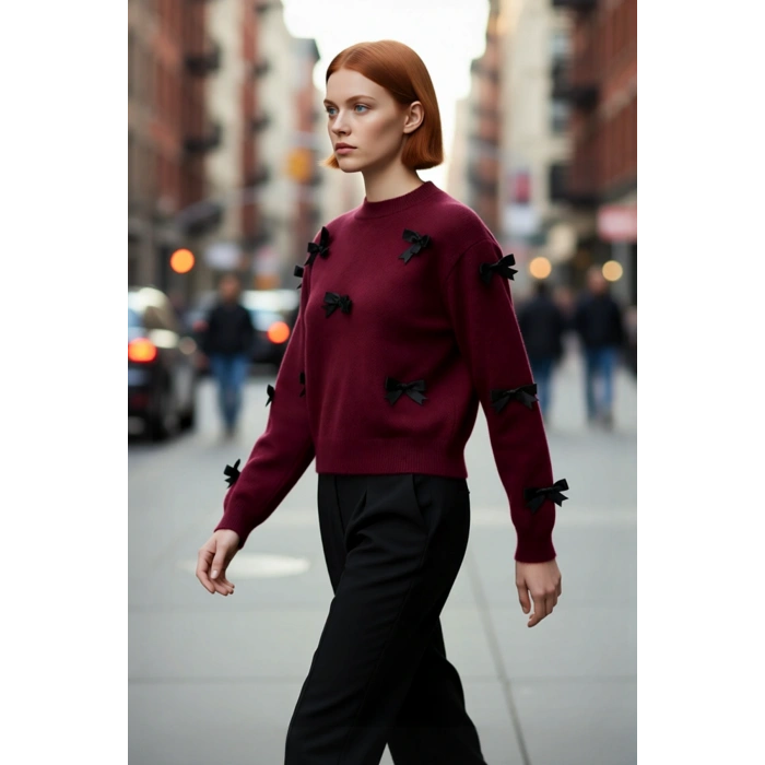 Kadınlara Yönelik Konforlu Regular Kalıp Bisiklet Yaka Triko Kurdele Fiyonklu Uzun Kollu Kazak