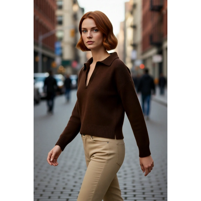 Kadınların Gardırobuna Özel Tek Plaka Triko Kazak Oversize Rahat Polo Yaka Günlük Şıklık Kaliteli