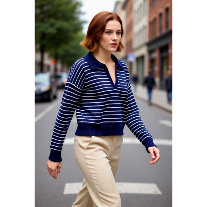 Kadınların Gardırobuna Özel Tek Plaka Triko Kazak Oversize Rahat Polo Yaka Günlük Şıklık Kaliteli