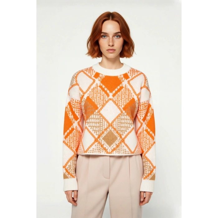 Kadınların Gardırobuna Şıklık Katacak Rahat Oversize Baklava Desenli Triko Kazak Kaliteli Şık