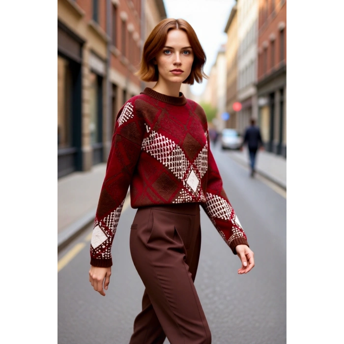 Kadınların Gardırobuna Şıklık Katacak Rahat Oversize Baklava Desenli Triko Kazak Kaliteli Şık