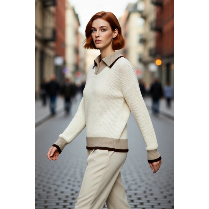 Kadınların Gardıroplarını Tamamlayan Dik Yaka Fermuarlı Renk Bloklu Triko Kazak Günlük Şıklık