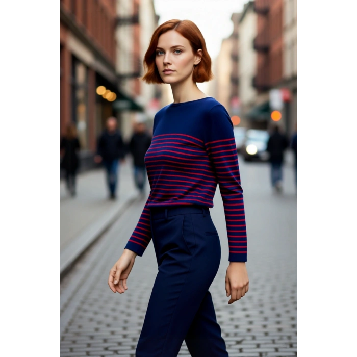 Kadınların Kış Gardırobu İçin Konforlu Akrilik Gri Çizgili Bisiklet Yaka Triko Kazak Kaliteli