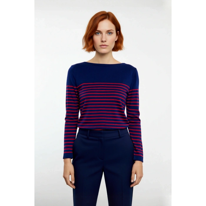 Kadınların Kış Gardırobu İçin Konforlu Akrilik Gri Çizgili Bisiklet Yaka Triko Kazak Kaliteli