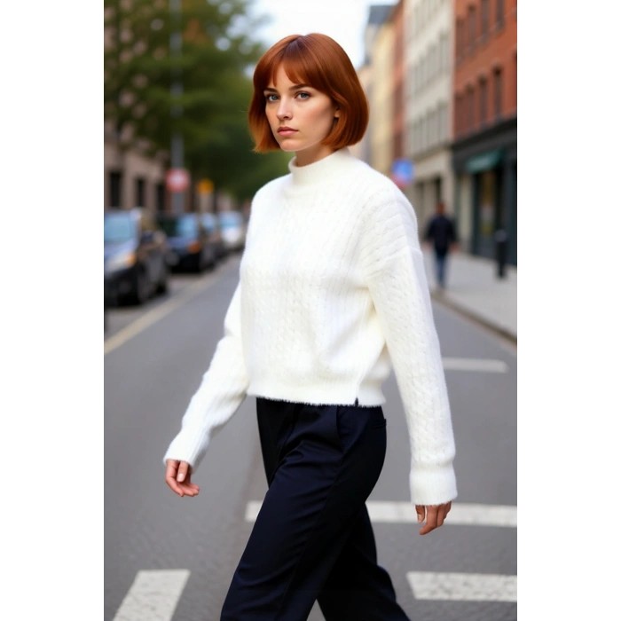 Kadınların Kış Şıklığı İçin Ekru Dik Yaka Crop Triko Kazak Saç Örgülü Rahat Kalıp Düşük Kollu Model