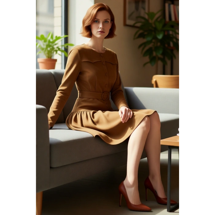 Kadınların Kışlık Kemerli Süet Dokuma Mini Elbisesi Skater Kalıbıyla Gün Boyu Rahatlık Sunar