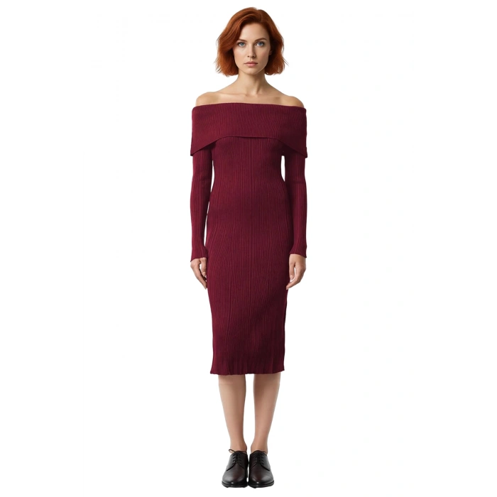Kadınların Şık Gündüz Gece Kombinleri İçin İdeal Carmen Yaka Midi Boy Triko Elbise Kaliteli