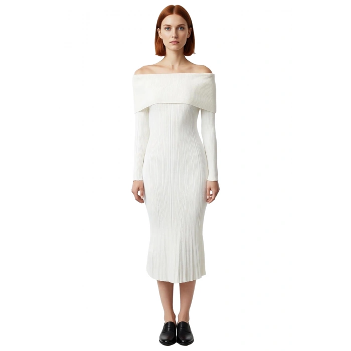 Kadınların Şık Gündüz Gece Kombinleri İçin İdeal Carmen Yaka Midi Boy Triko Elbise Kaliteli