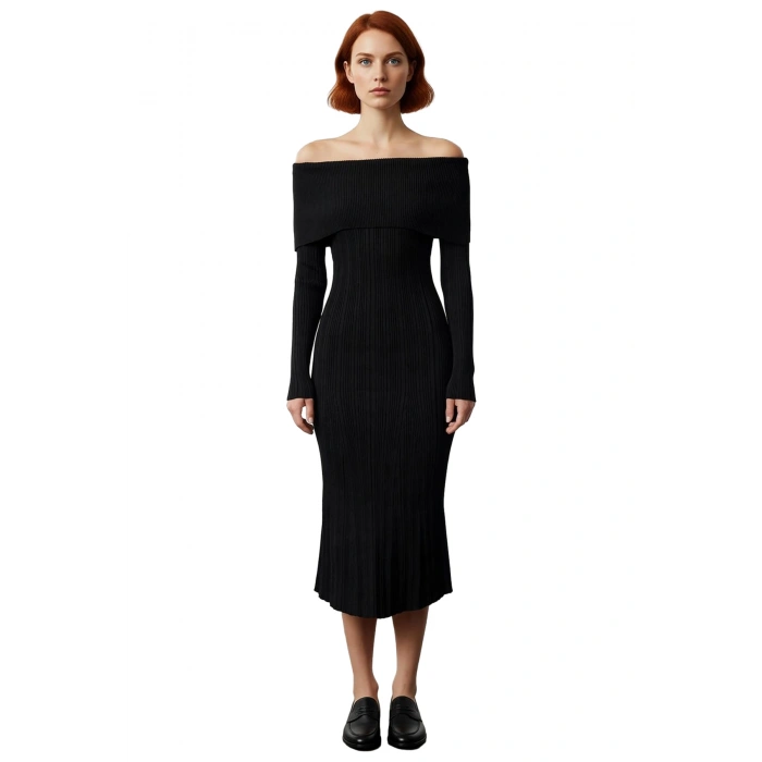 Kadınların Şık Gündüz Gece Kombinleri İçin İdeal Carmen Yaka Midi Boy Triko Elbise Kaliteli