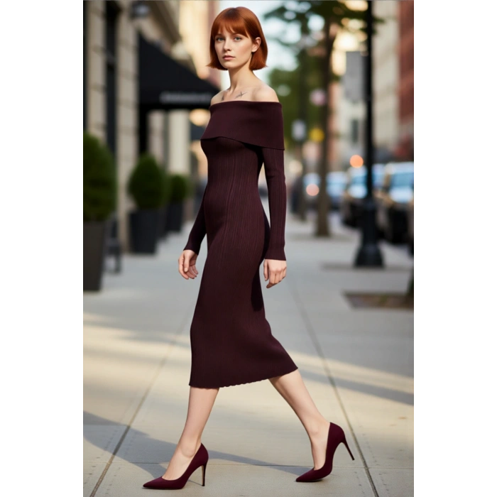 Kadınların Şık Gündüz Gece Kombinleri İçin İdeal Carmen Yaka Midi Boy Triko Elbise Kaliteli