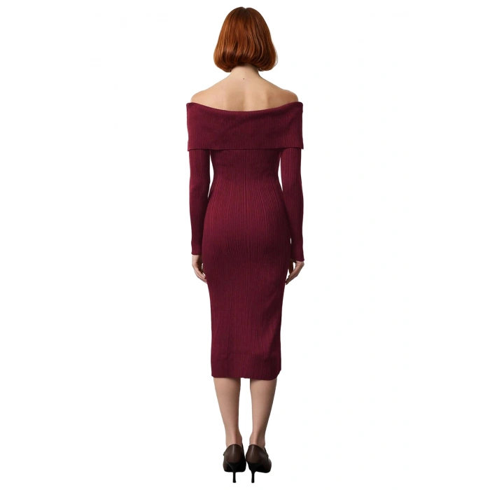 Kadınların Şık Gündüz Gece Kombinleri İçin İdeal Carmen Yaka Midi Boy Triko Elbise Kaliteli