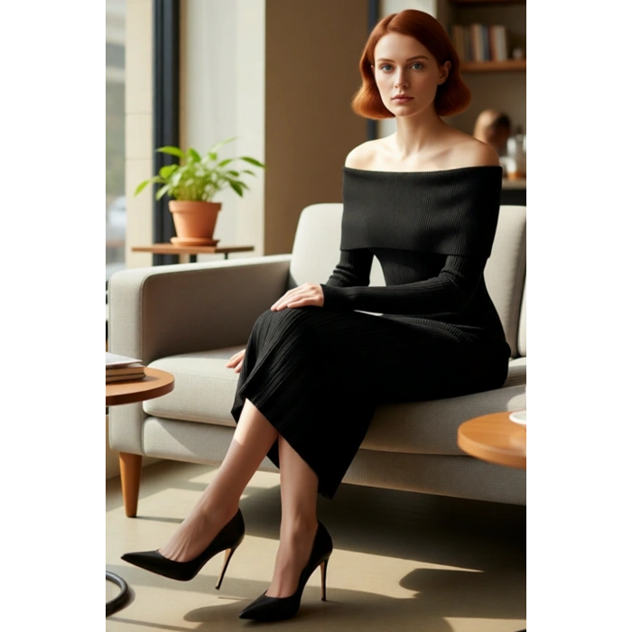 Kadınların Şık Gündüz Gece Kombinleri İçin İdeal Carmen Yaka Midi Boy Triko Elbise Kaliteli