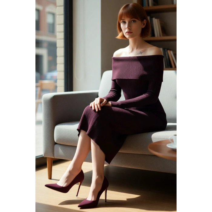 Kadınların Şık Gündüz Gece Kombinleri İçin İdeal Carmen Yaka Midi Boy Triko Elbise Kaliteli