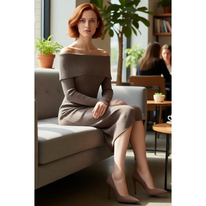 Kadınların Şık Gündüz Gece Kombinleri İçin İdeal Carmen Yaka Midi Boy Triko Elbise Kaliteli