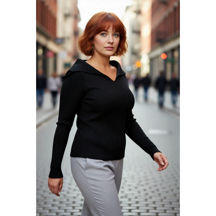 Kadınların Vazgeçilmezi Siyah İnce Fitilli Bodycone Kayık Yaka Triko Bluz Kışa Özel Kaliteli