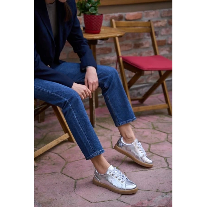 Kalın Bağcıklı Deri Görünümlü Spor Ayakkabı Sneaker Gümüş