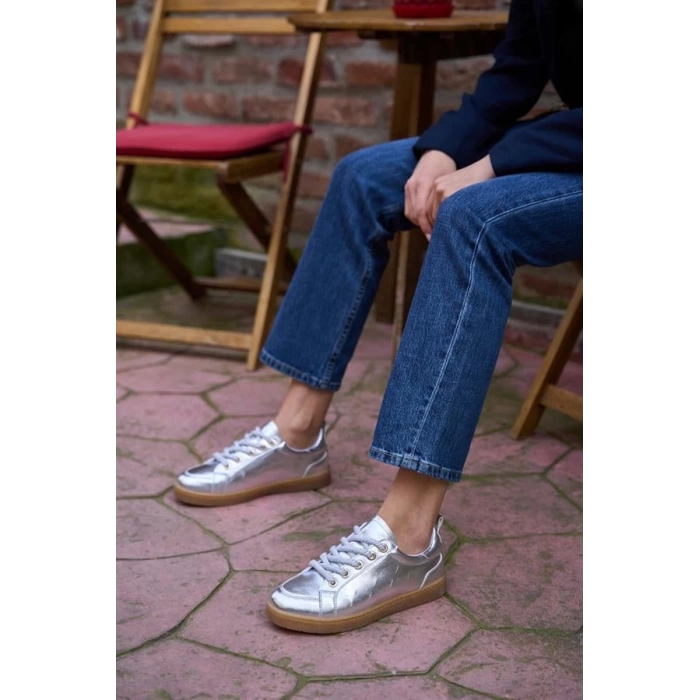 Kalın Bağcıklı Deri Görünümlü Spor Ayakkabı Sneaker Gümüş