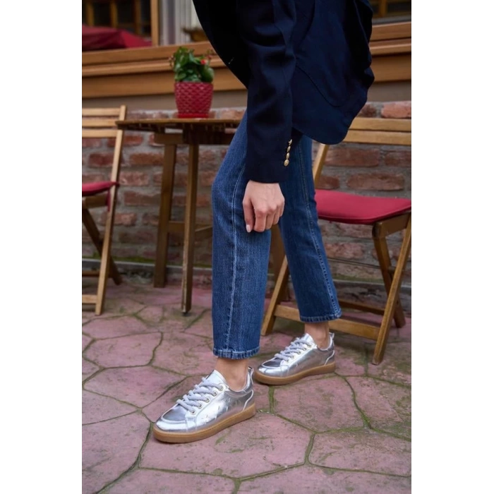 Kalın Bağcıklı Deri Görünümlü Spor Ayakkabı Sneaker Gümüş