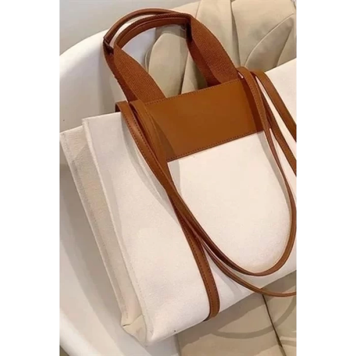 Kanvas Tote El ve Omuz Çantası Deri Detaylı Geniş İç Hacimli Günlük Şık Görünüm Mükemmel Uyum