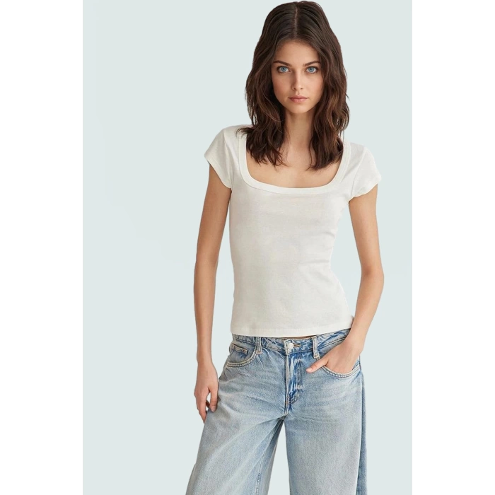 Kare Yaka Fitted Ribana Örme Bluz Yazlık Günlük Kombinler İçin Konforlu Kesim