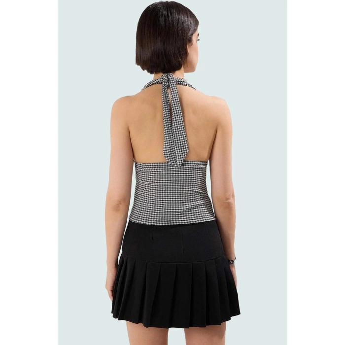 Kareli Boyundan Bağlamalı Fitted Örme Bluz Günlük Stil Özenle Seçilmiş Uzun Ömürlü