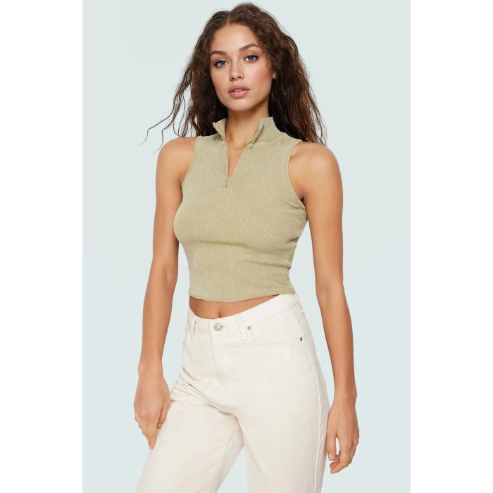 Kaşkorse Örme Bluz Crop Fitted Halter Yaka Fermuarlı Detay Trend Tasarım Premium Kalite