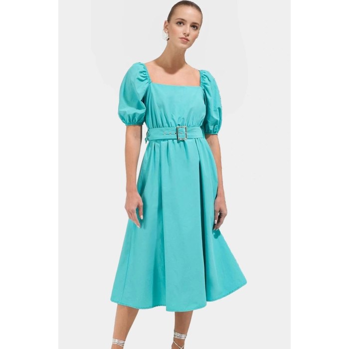 Kemerli Pamuklu Midi Elbise Dokuma Terrycotton Kumaş Günlük Casual Stil Rahat Seçkin Malzeme