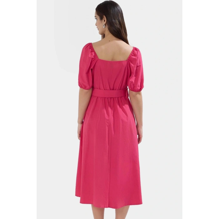 Kemerli Pamuklu Midi Elbise Dokuma Terrycotton Kumaş Günlük Casual Stil Rahat Seçkin Malzeme