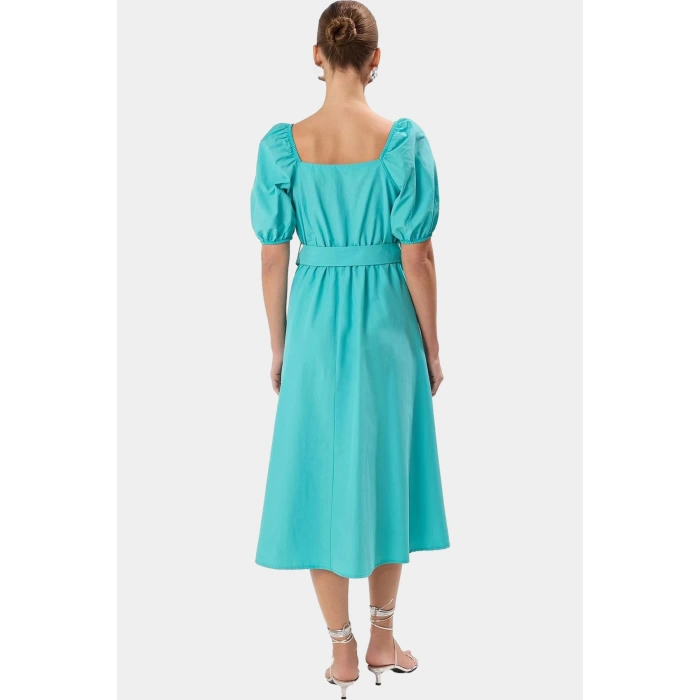 Kemerli Pamuklu Midi Elbise Dokuma Terrycotton Kumaş Günlük Casual Stil Rahat Seçkin Malzeme
