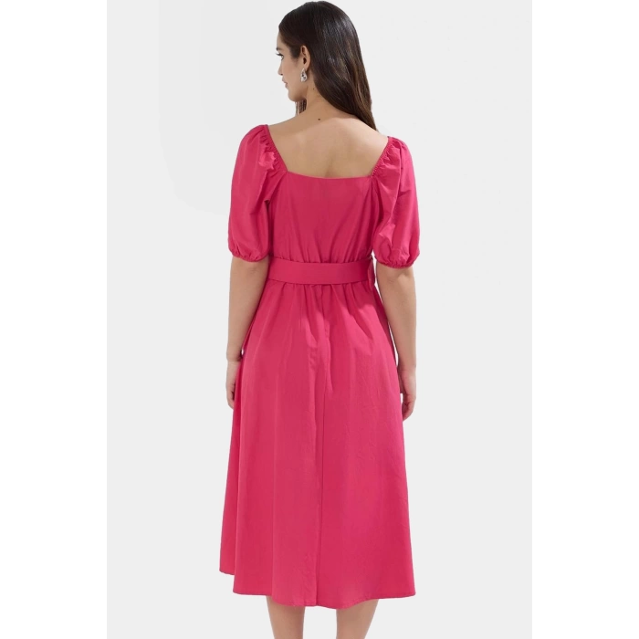 Kemerli Pamuklu Midi Elbise Dokuma Terrycotton Kumaş Günlük Casual Stil Rahat Seçkin Malzeme