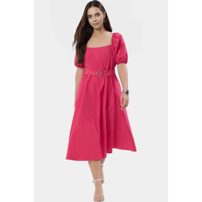 Kemerli Pamuklu Midi Elbise Dokuma Terrycotton Kumaş Günlük Casual Stil Rahat Seçkin Malzeme