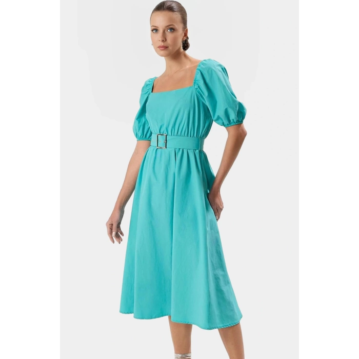 Kemerli Pamuklu Midi Elbise Dokuma Terrycotton Kumaş Günlük Casual Stil Rahat Seçkin Malzeme