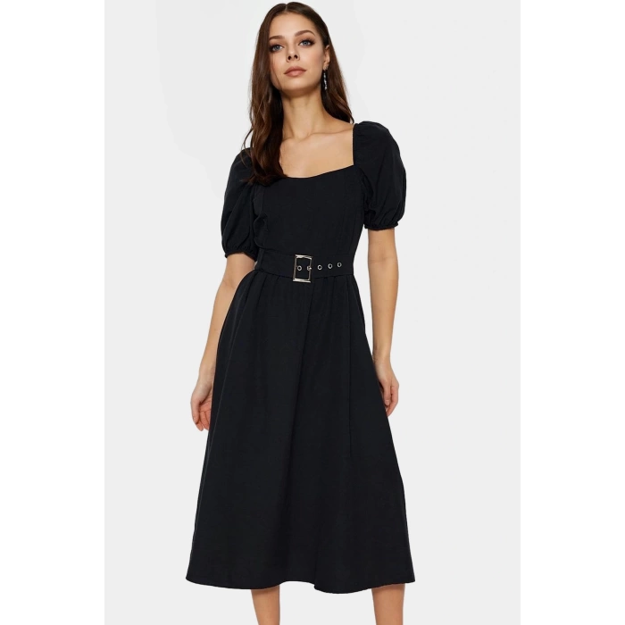 Kemerli Pamuklu Midi Elbise Dokuma Terrycotton Kumaş Günlük Casual Stil Rahat Seçkin Malzeme