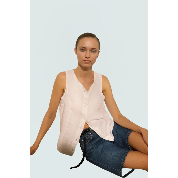 Keten Dantel Detaylı Crop Bluz Rahat Yazlık Stil Şık Görünüm Yüksek Kalite Kaliteli İşçilik