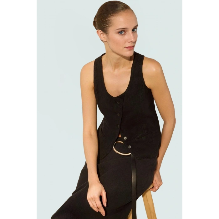 Keten Fitted Bluz Degaje Yaka Crop Boy Yazlık Profesyonel Görünüm Premium Kalite